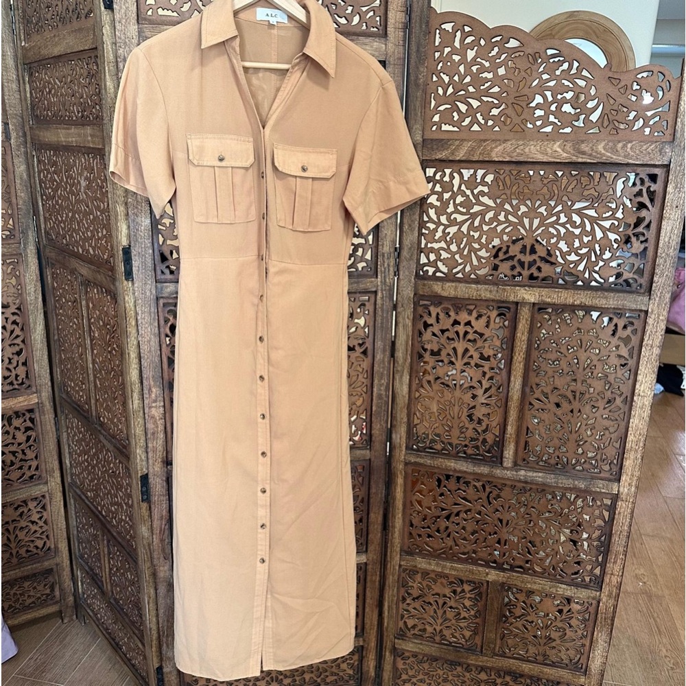 A.L.C. Florence Tan Layered Pleated Crepe Midi Dress - Picture 5 of 7
